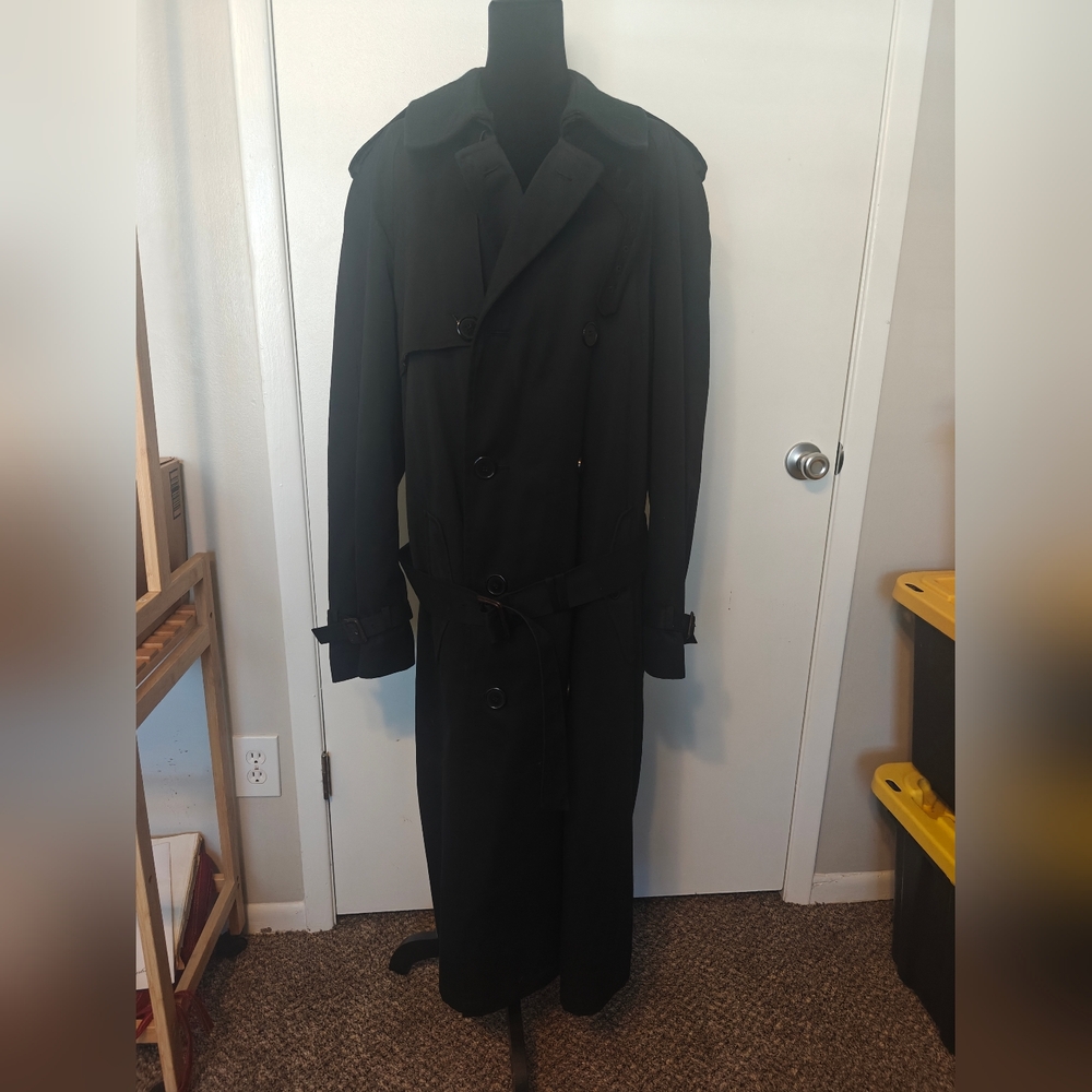 PERUSAL LONG TRENCH MENS SZ 42 L  BLACK ZIP OUT WOOL LINING & REMOVABLE COLLAR